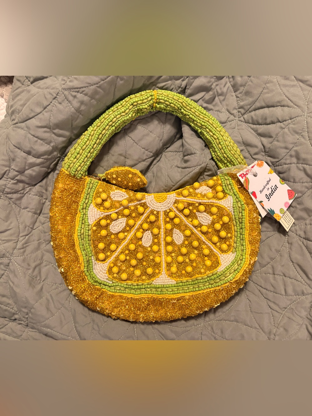 Beaded Lemon Slice Mini Purse Yellow Green Statement Bag